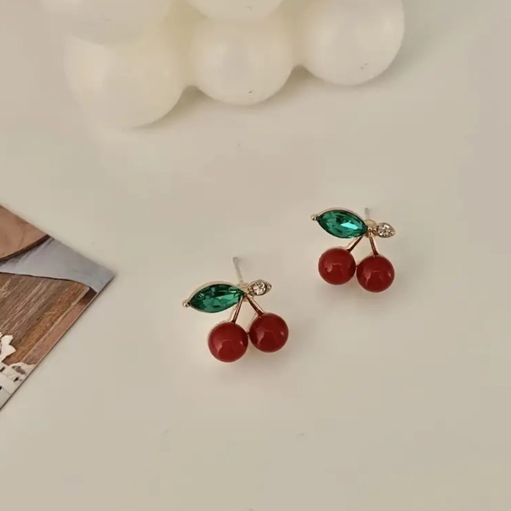 Exquisitely Cute Minimalist Red Cherry With Green Leaves Stud Earrings - Picture 7 of 8